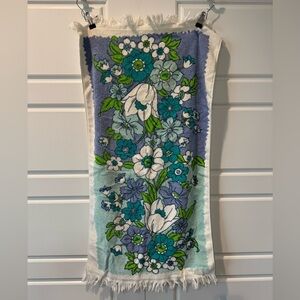 Vintage 70s Royal Terry Groovy Floral Print Bath Towel Fringr Ends Blue & Green